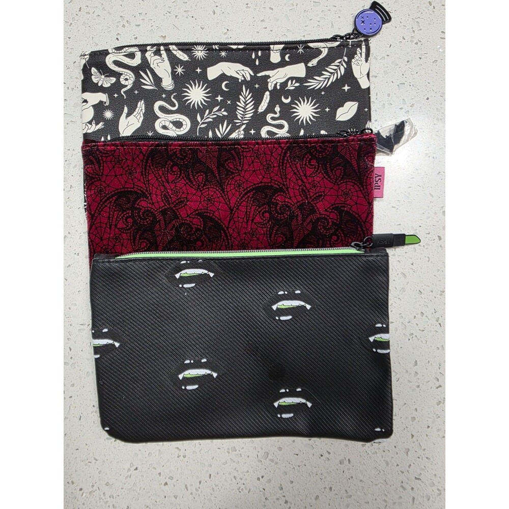 Set of 3 Ipsy Glamour Bags Goth Holloween- Fangs Vampire, Mystical, Bats
